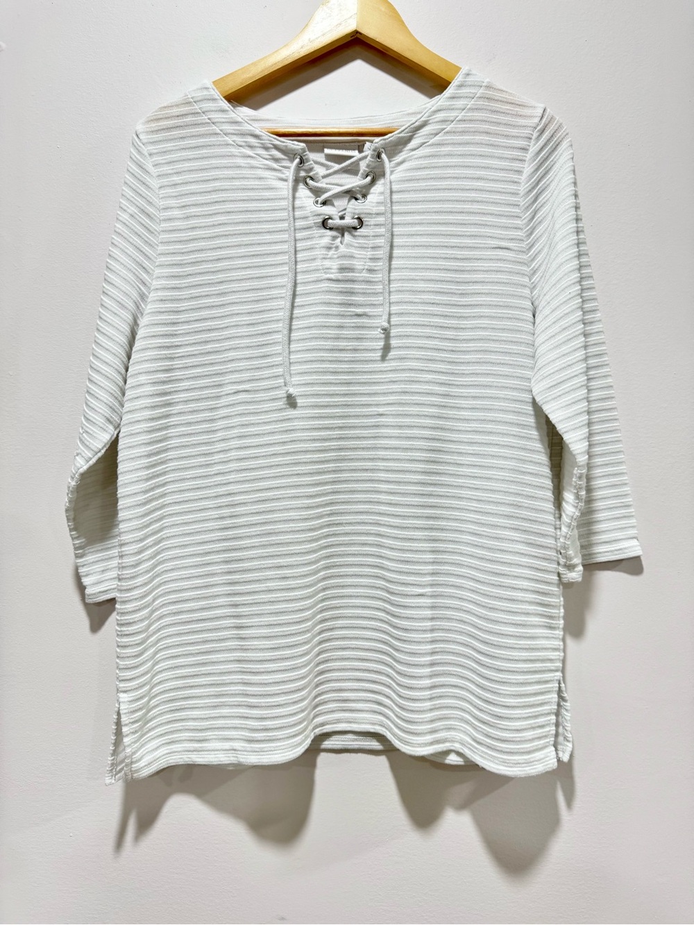 Chico's Weekends White Baxter Lace Up Textured Top Size L 12 Chicos Size 2